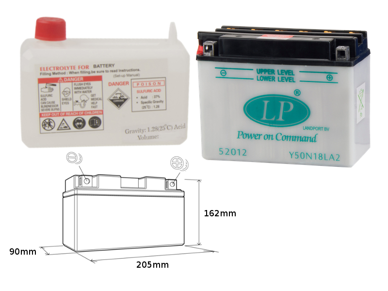 LANDPORT akumulátor Y50-N18L-A2 (MD L50N18LA2) 12V 20AH 206X91X164 (G50N18LA2) obsluhovaný - elektrolyt zvlášť (2) UE2019/1148 (LANDPORT akumulátor)